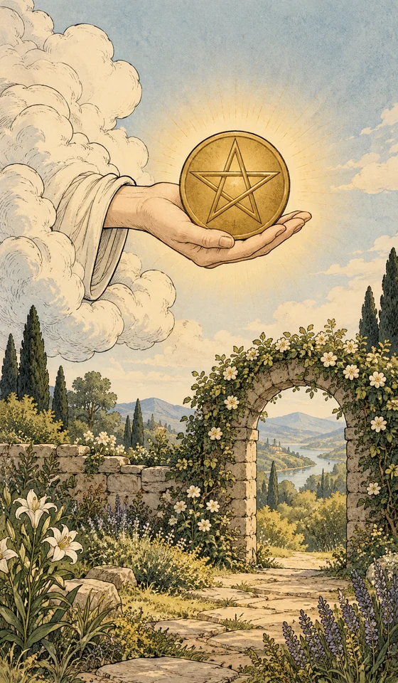 Ace of Pentacles — MystLume original, RWS-inspired illustration