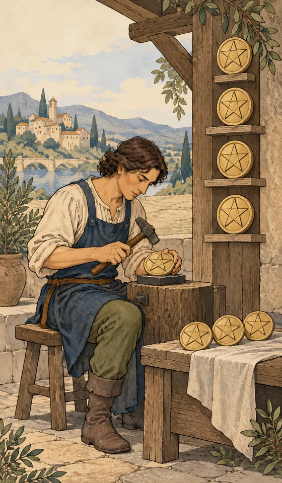 Eight of Pentacles — MystLume original, RWS-inspired illustration