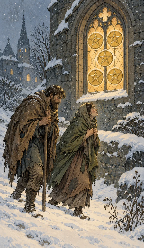 Five of Pentacles — MystLume original, RWS-inspired illustration