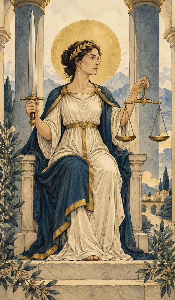 Justice — MystLume original, RWS-inspired illustration