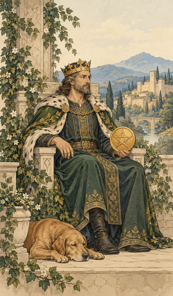 King of Pentacles — MystLume original, RWS-inspired illustration