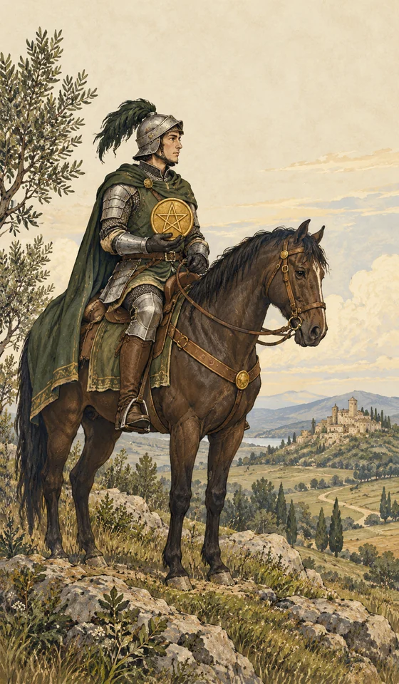 Knight of Pentacles — MystLume original, RWS-inspired illustration
