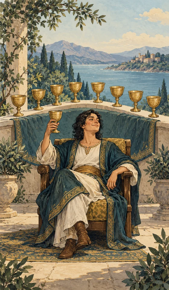 Nine of Cups — MystLume original, RWS-inspired illustration