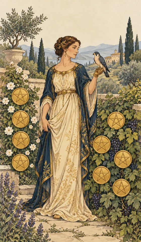 Nine of Pentacles — MystLume original, RWS-inspired illustration