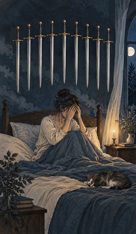 Nine of Swords — MystLume original, RWS-inspired illustration