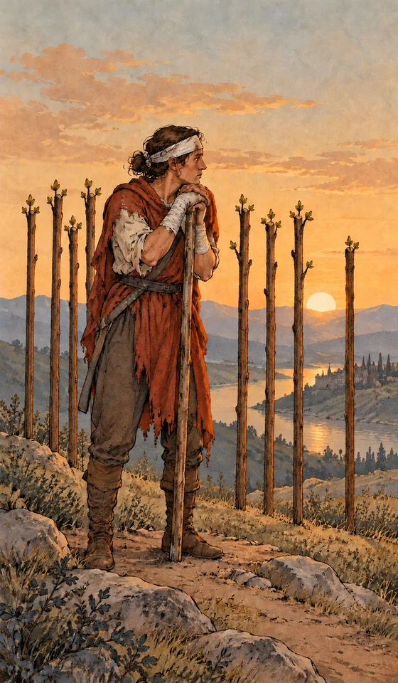 Nine of Wands — MystLume original, RWS-inspired illustration
