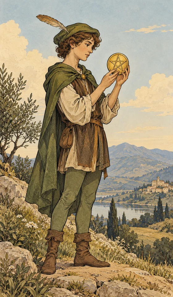 Page of Pentacles — MystLume original, RWS-inspired illustration