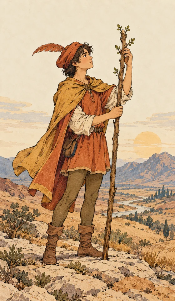 Page of Wands — MystLume original, RWS-inspired illustration
