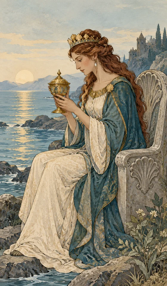 Queen of Cups — MystLume original, RWS-inspired illustration