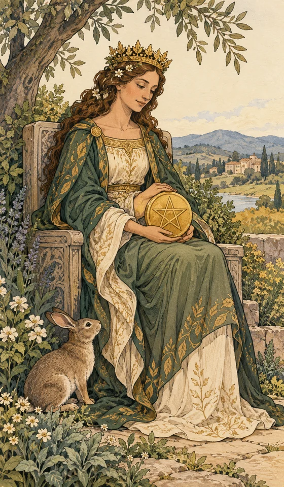 Queen of Pentacles — MystLume original, RWS-inspired illustration