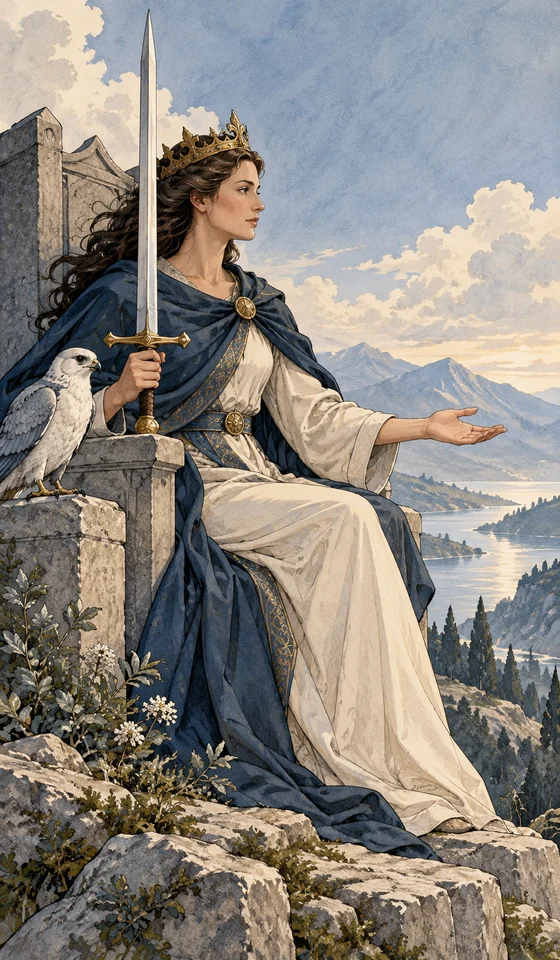 Queen of Swords — MystLume original, RWS-inspired illustration