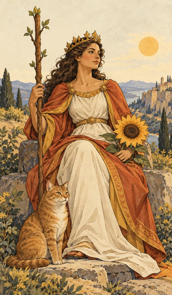 Queen of Wands — MystLume original, RWS-inspired illustration