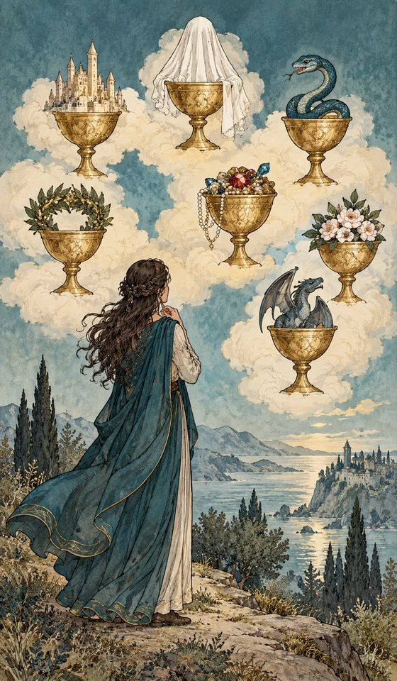 Seven of Cups — MystLume original, RWS-inspired illustration