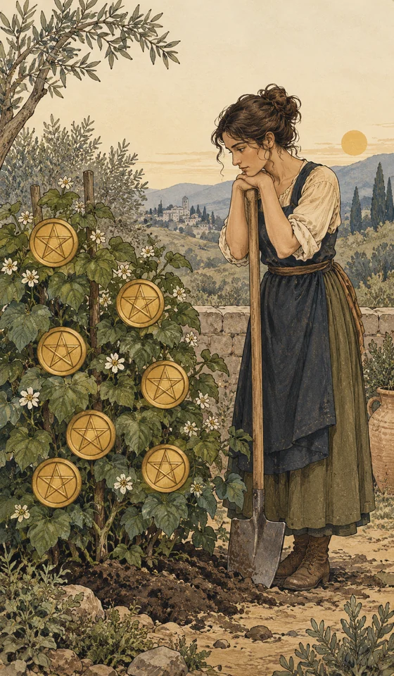 Seven of Pentacles — MystLume original, RWS-inspired illustration
