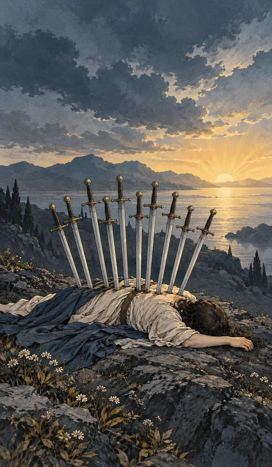 Ten of Swords — MystLume original, RWS-inspired illustration