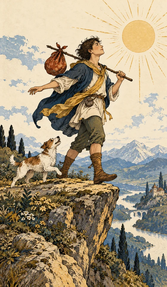 The Fool — MystLume original, RWS-inspired illustration