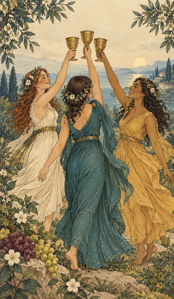 Three of Cups — MystLume original, RWS-inspired illustration