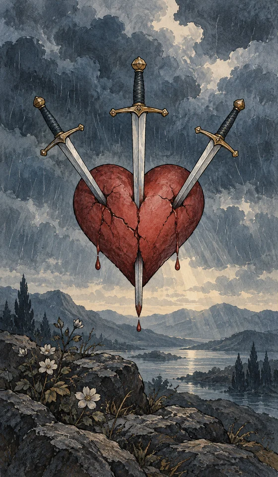 Three of Swords — MystLume original, RWS-inspired illustration