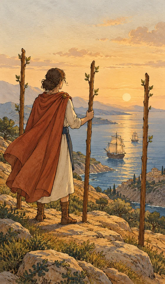 Three of Wands — MystLume original, RWS-inspired illustration