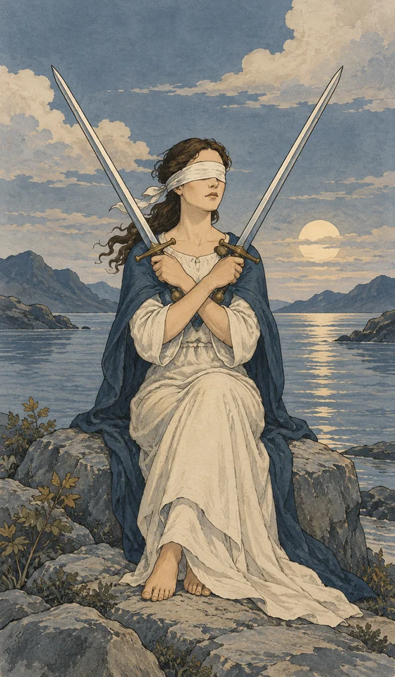 Two of Swords — MystLume original, RWS-inspired illustration
